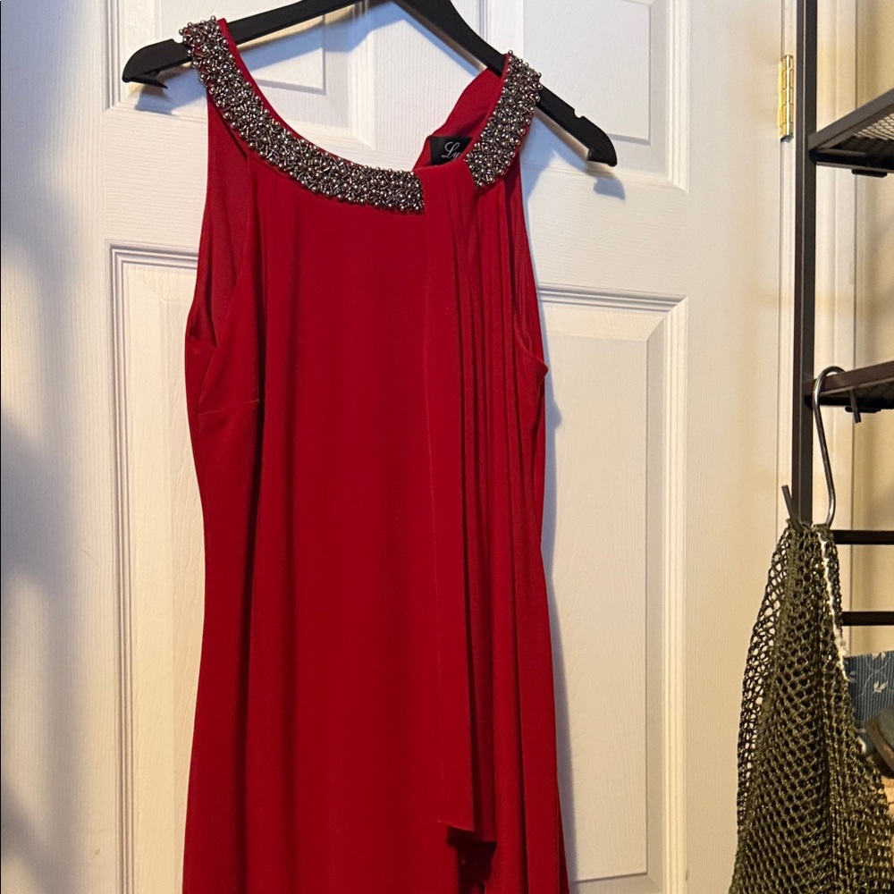 Frank Lyman Design Red One Shoulder Dress with Embellished Neckline